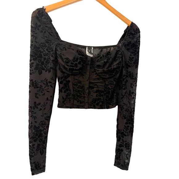Windsor Womens Long-Sleeve Black Velvet Bustier Crop Top, Size Small - Picture 3 of 12